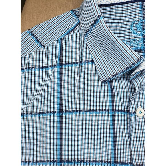 Bugatchi Uomo Men Embroidered Button Up Blue White Dress Shirt RN 99428 - Picture 12 of 12